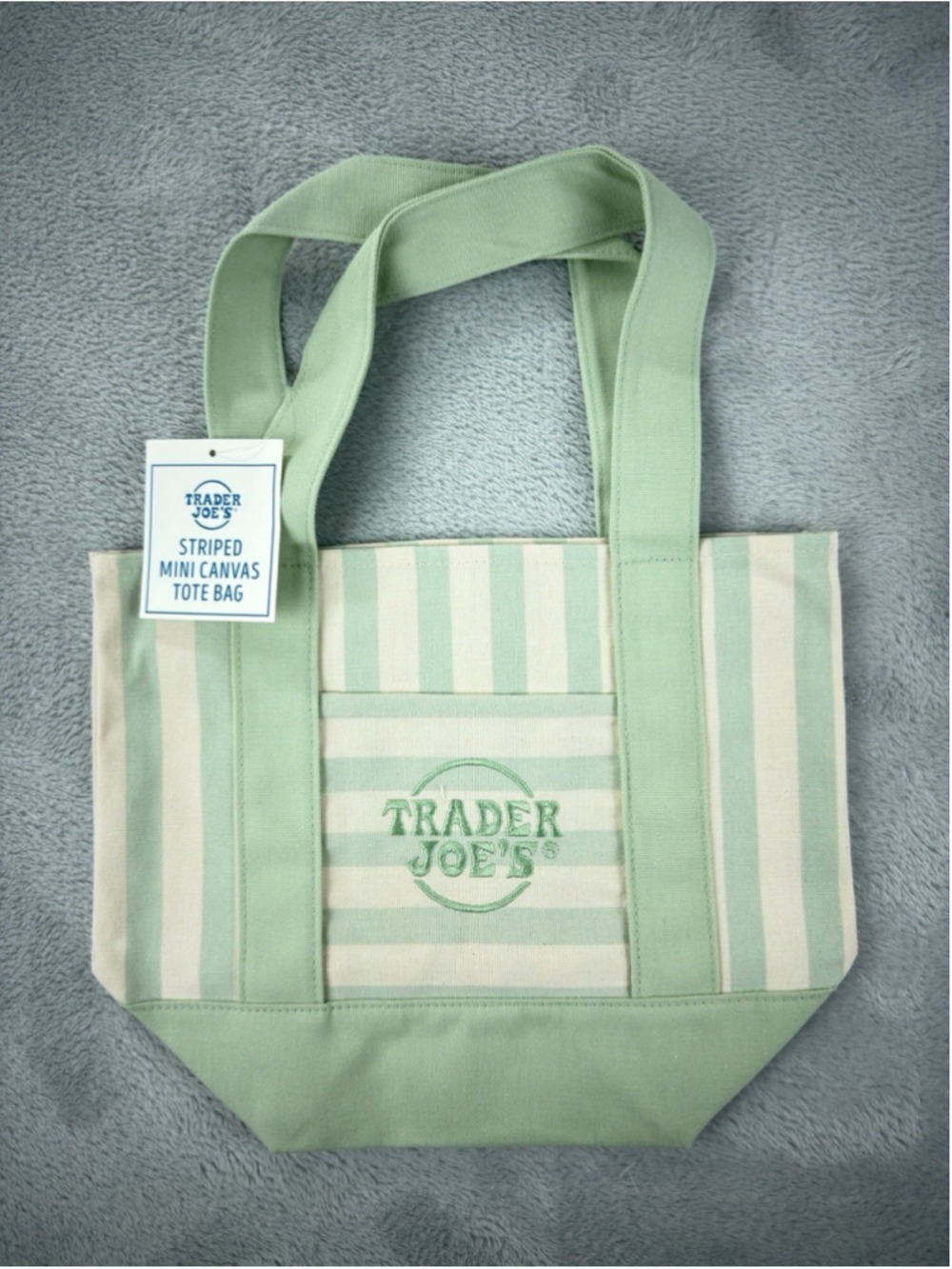 Trader Joe's Mini Canvas Bag Light Green White Stripes